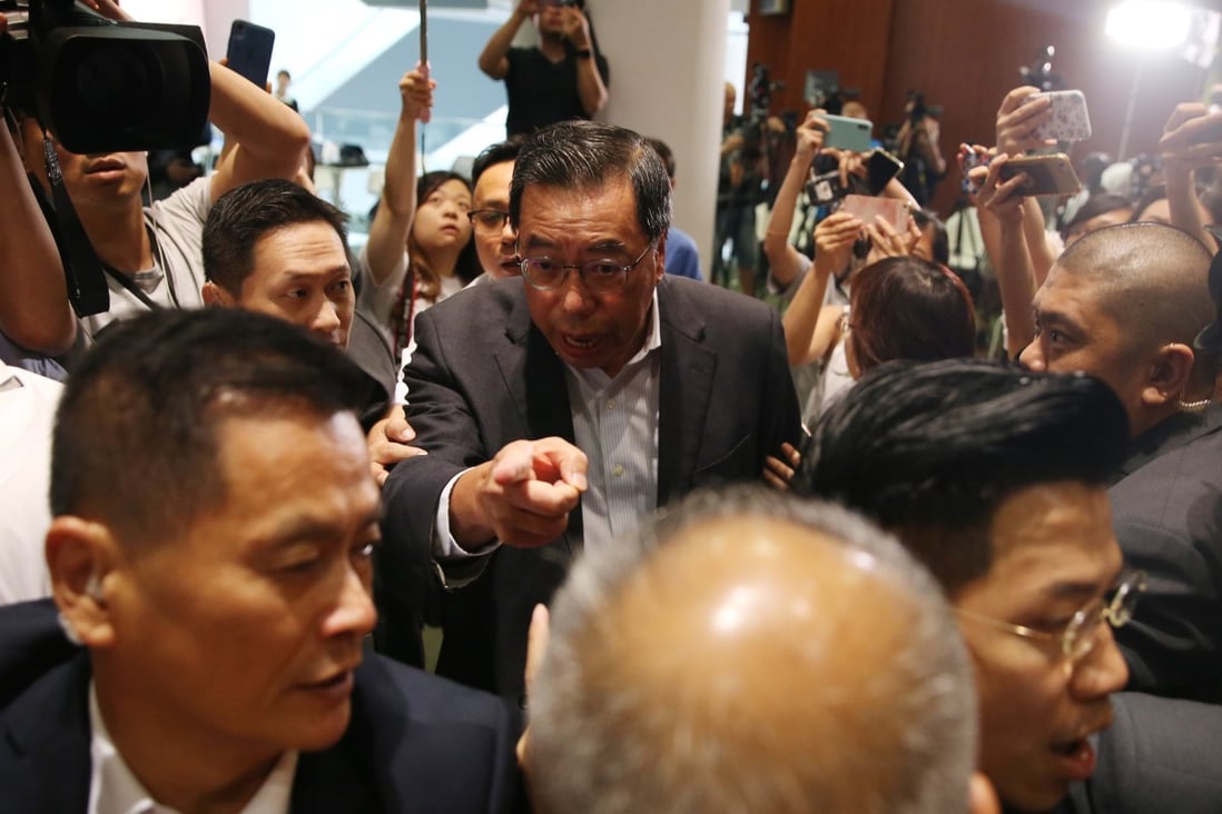 Legislative Council President Andrew Leung Kwan-yuen leaves a media briefing on Tuesday that was interrupted by pan-democrat lawmakers protesting against the extradition bill. Photo: Winson Wong