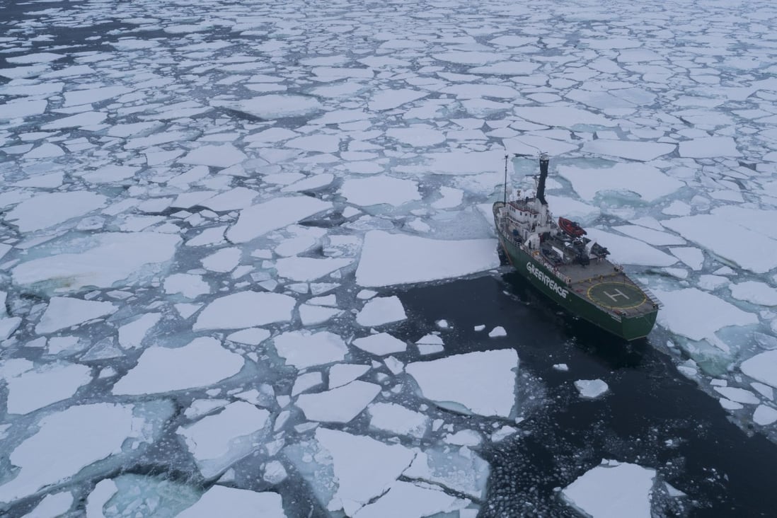 The Greenpeace ship Arctic Sunrise takes scientists to test sea ice in the Fram Strait between the Norwegian archipelago of Svalbard and Greenland. Picture: Denis Sinyakov / Greenpeace