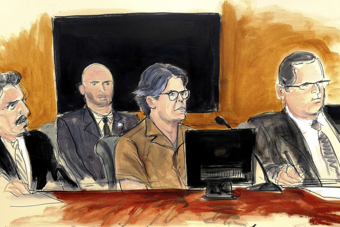 A courtroom sketch from April 2018 shows Keith Raniere (centre) during a hearing in New York. Image: Elizabeth Williams via AP