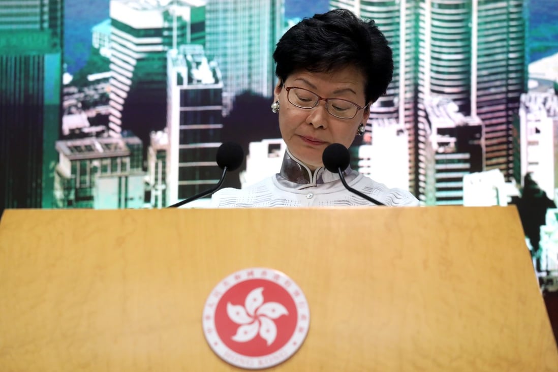 Carrie Lam announces the suspension of the extradition bill. Photo: K.Y. Cheng