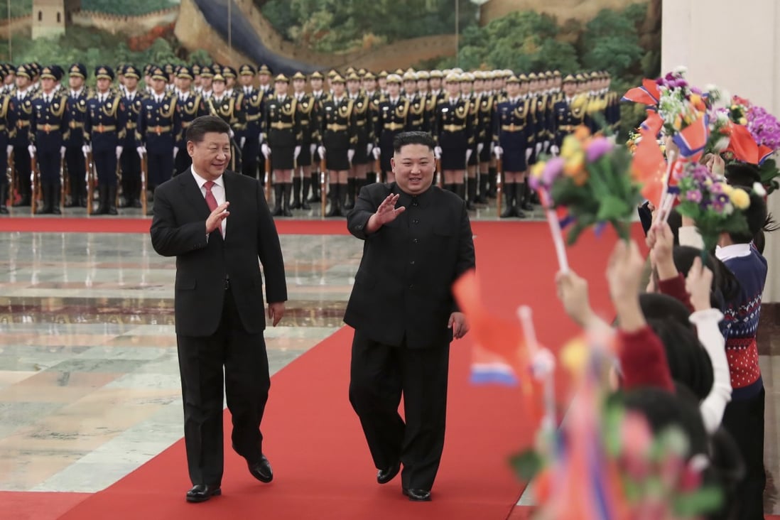 North Korean leader Kim Jong-un (right) attends a welcome ceremony in Beijing with Chinese President Xi Jinping in January. Xi will begin a visit to Pyongyang on Thursday. Photo: AP