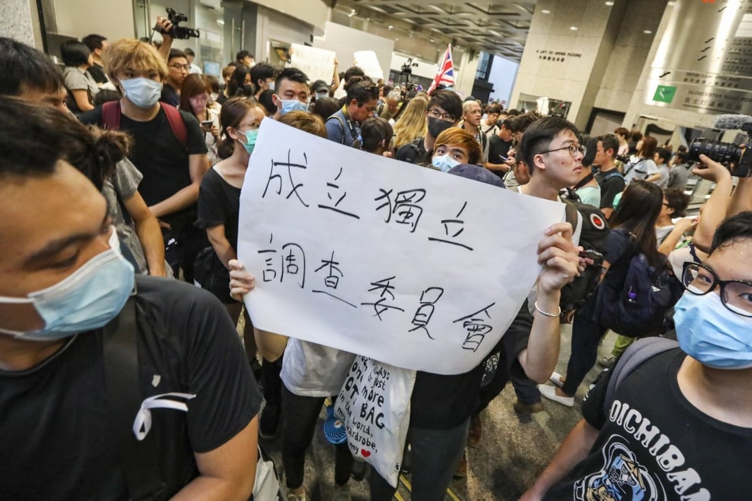 Protesters again stormed the Revenue Tower in Wan Chai and demanded that the extradition bill be withdrawn. Photo: Felix Wong