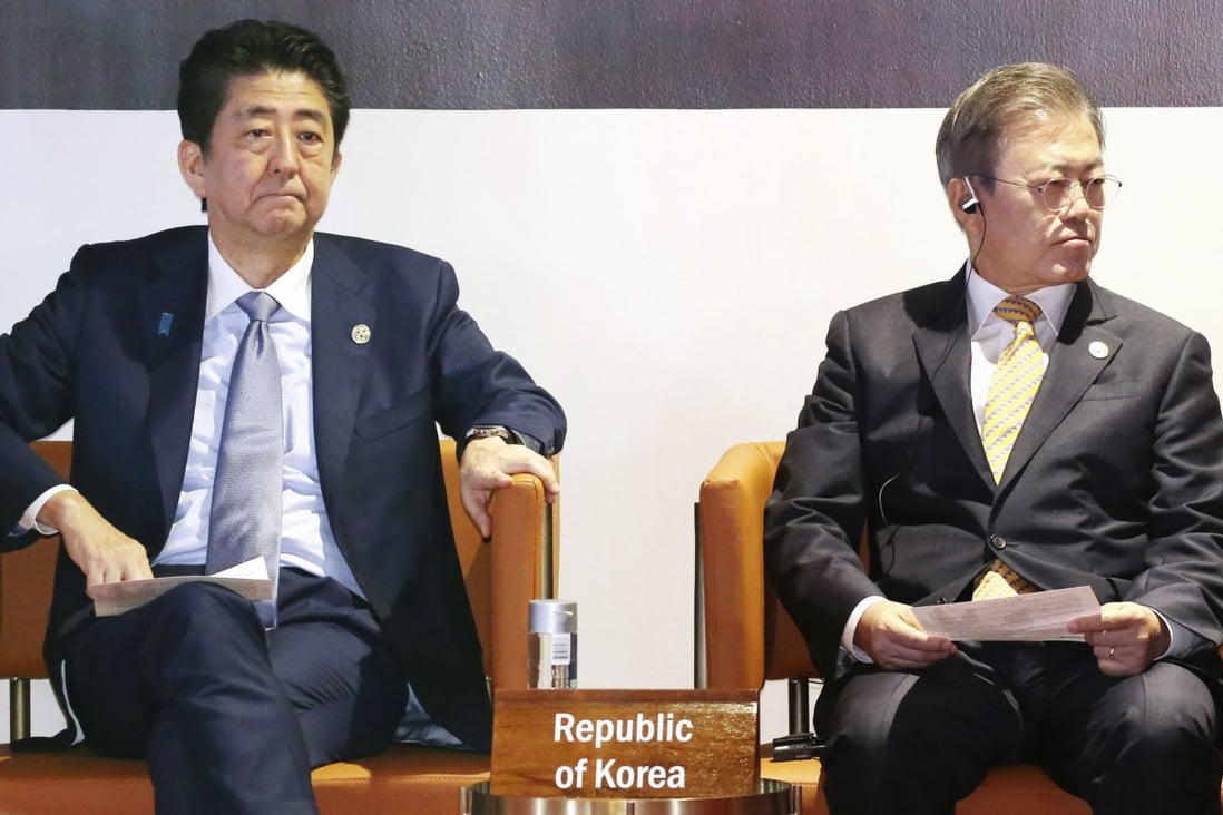 Japanese Prime Minister Shinzo Abe and South Korean President Moon Jae-in at an Apec summit. The two leaders will not be meeting at the G20. Photo: Kyodo