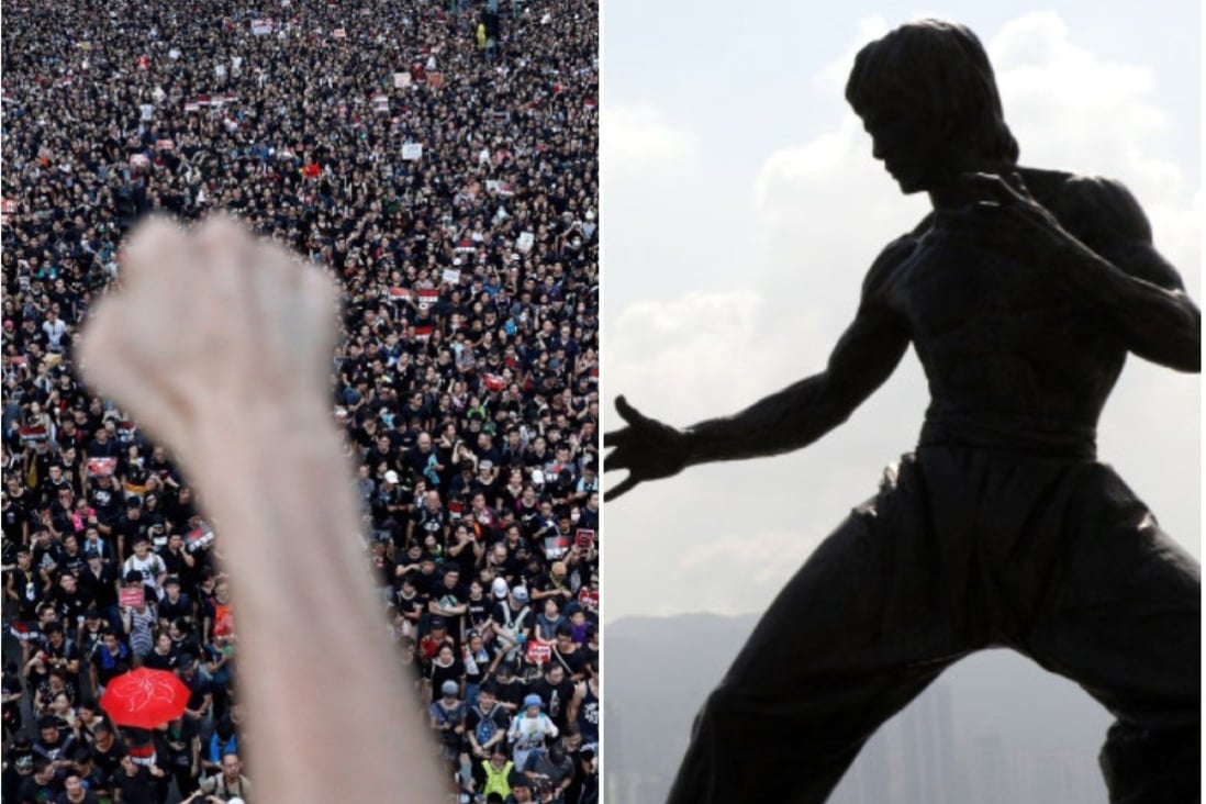 Protesters march in Hong Kong against an extradition bill. A number have been channelling the spirit of Bruce Lee, whose statue is seen in Tsim Sha Tsui. Photos: AFP/Sam Tsang