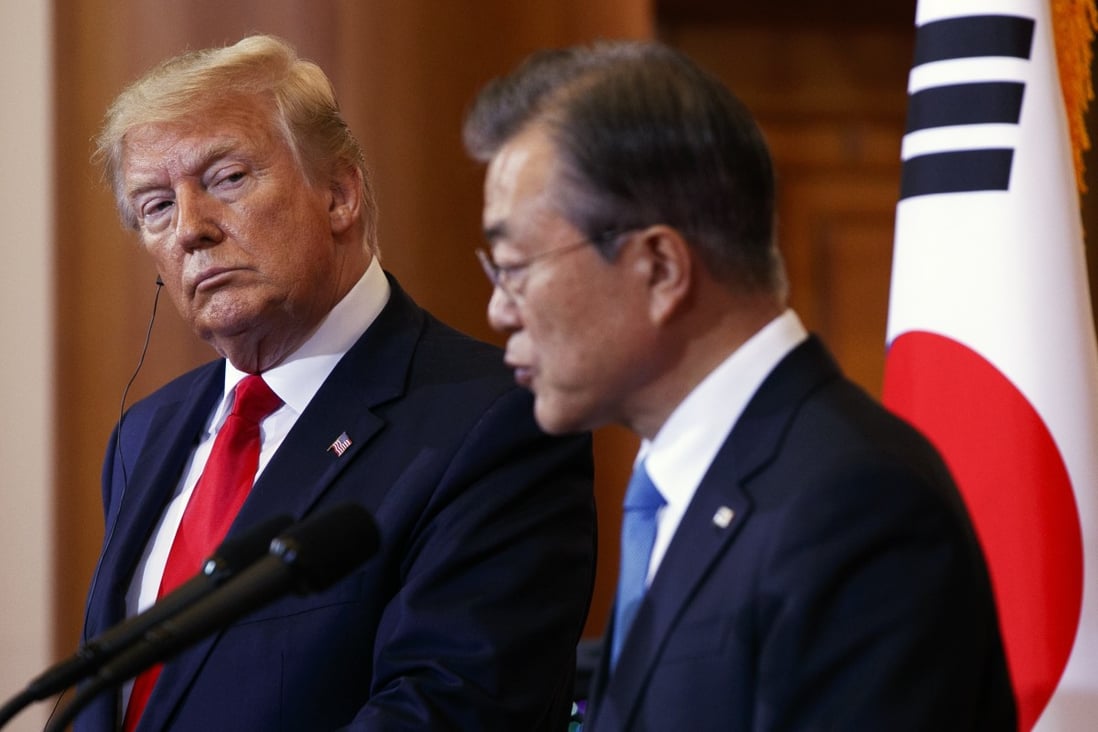 US President Donald Trump with South Korean President Moon Jae-in a joint press conference at the presidential Blue House in Seoul on June 30. Photo: AP