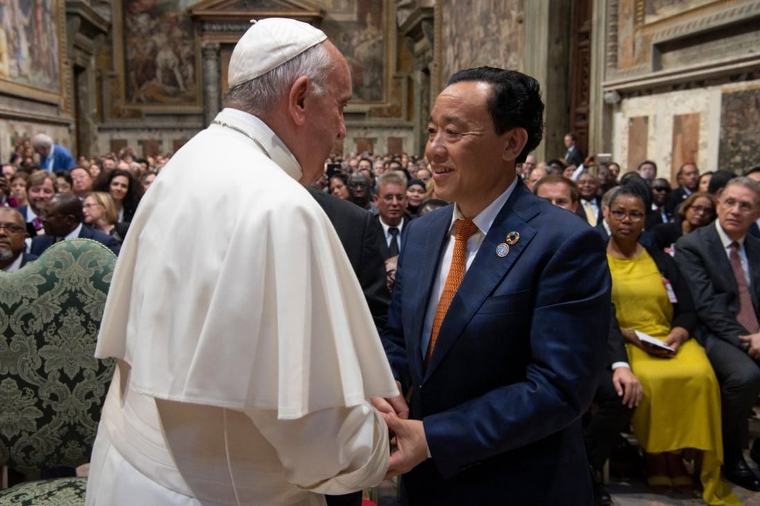 Qu Dongyu met Pope Francis in Rome after being elected to lead the FAO, which is based in the Italian capital. Photo: Twitter
