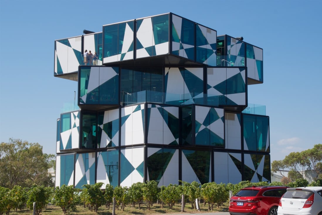 The d’Arenberg Cube, which resembles an unsolved Rubik’s Cube and houses a tasting room and a restaurant, in South Australia’s McLaren Vale. Photo: Peter Neville-Hadley