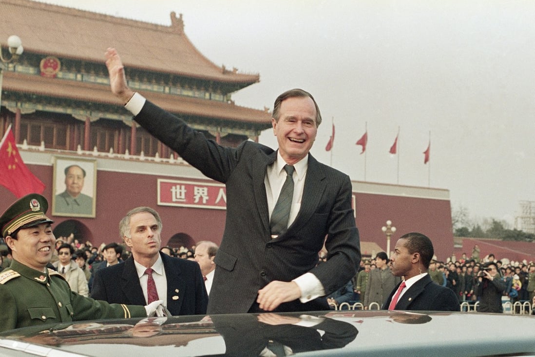 George HW Bush pictured on a visit to Beijing as president. His son suggested that the United States should adopt his father’s approach to China. Photo: AP