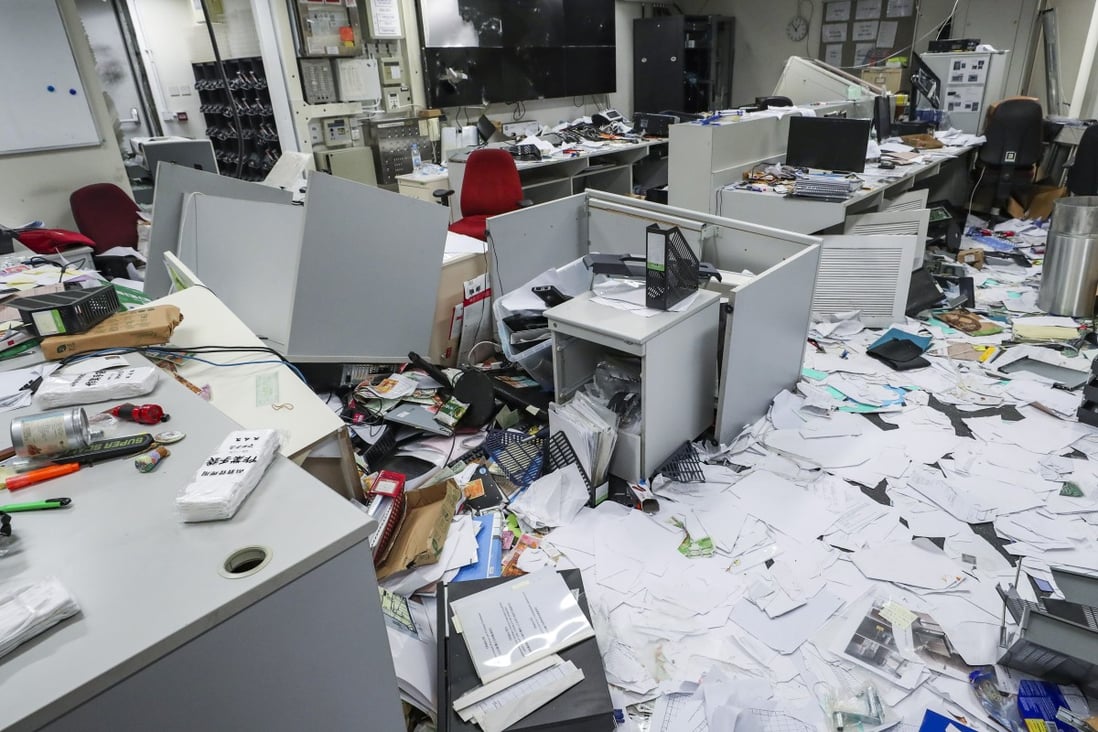 Documents and stationery lie strewn on the floor in Legislative Council offices vandalised by protesters on July 1. Photo: Sam Tsang