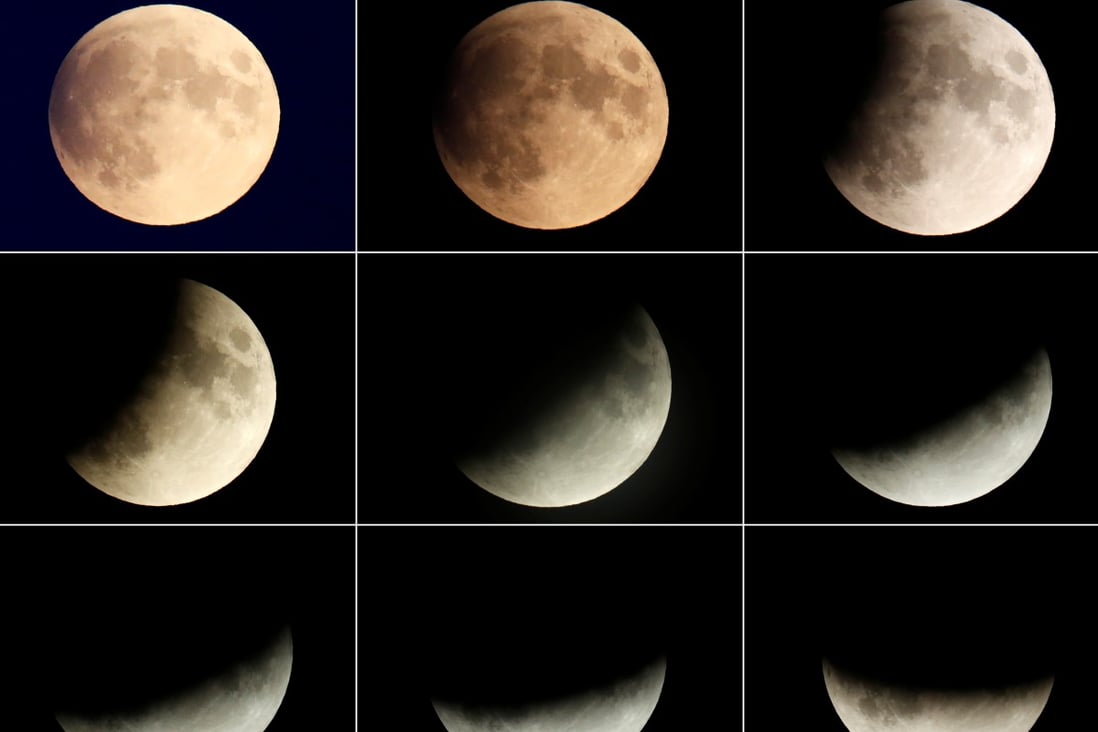 A combination of pictures shows the moon as it enters a partial lunar eclipse, called a “half blood moon”, on Wednesday. Another seven eclipses will occur between now and 2028, and will be visible in different parts of Asia. Photo: Reuters