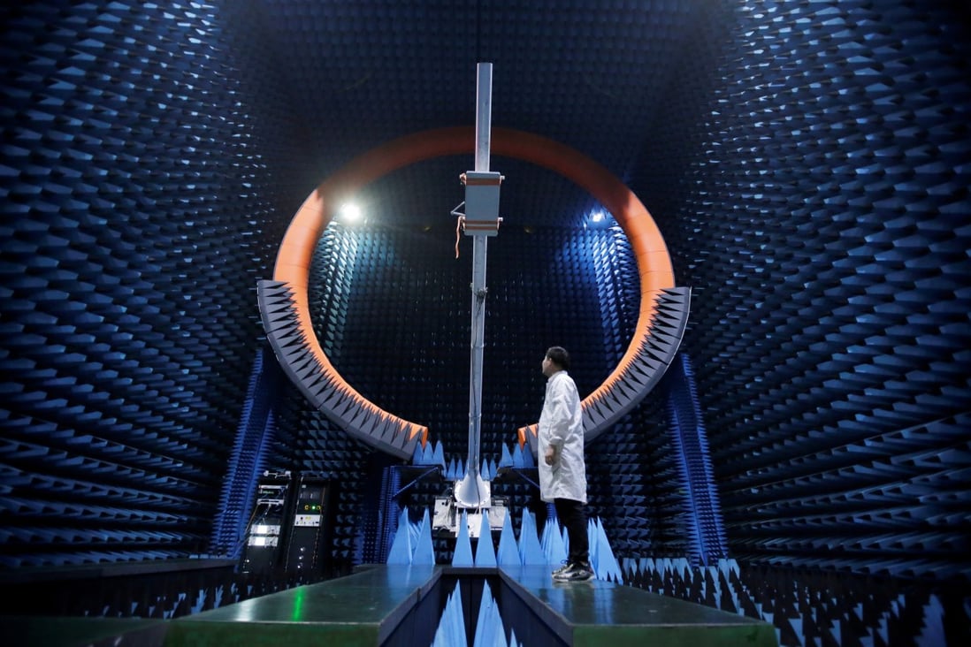 A Huawei engineer tests a 5G base station antenna at the company’s Songshan Lake Manufacturing Centre in Dongguan, Guangdong province. Photo: Reuters