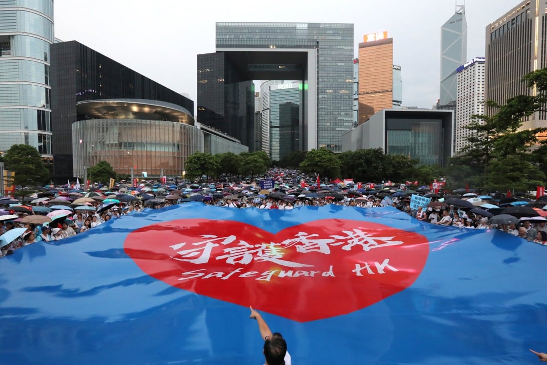 Pro-government supporters at the Safeguard Hong Kong rally at Tamar Park, Admiralty on Saturday. Photo: Felix Wong