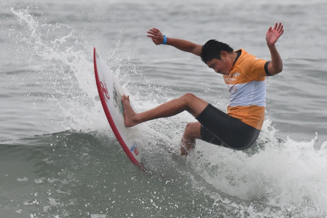 Japan's Taiki Karube competes in the Tokyo 2020 Olympic Games test event at Tsurigasaki Surfing Beach in Chiba. Photo: AFP