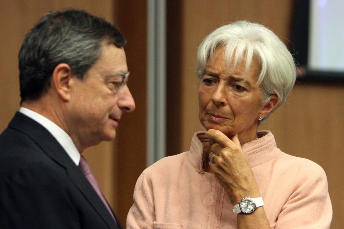 International Monetary Fund managing director Christine Lagarde (right) will replace Mario Draghi (left) as president of the European Central Bank in November. Draghi has all the qualifications to replace Lagarde at the IMF also, were it not for the organisation’s age limit. Photo: EPA