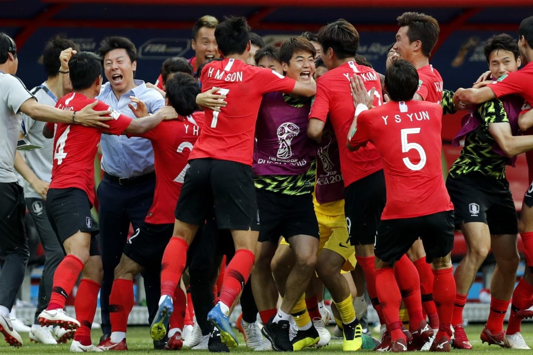 South Korea’s national soccer team celebrate their opening goal against Germany at the 2018 World Cup. Photo: EPA