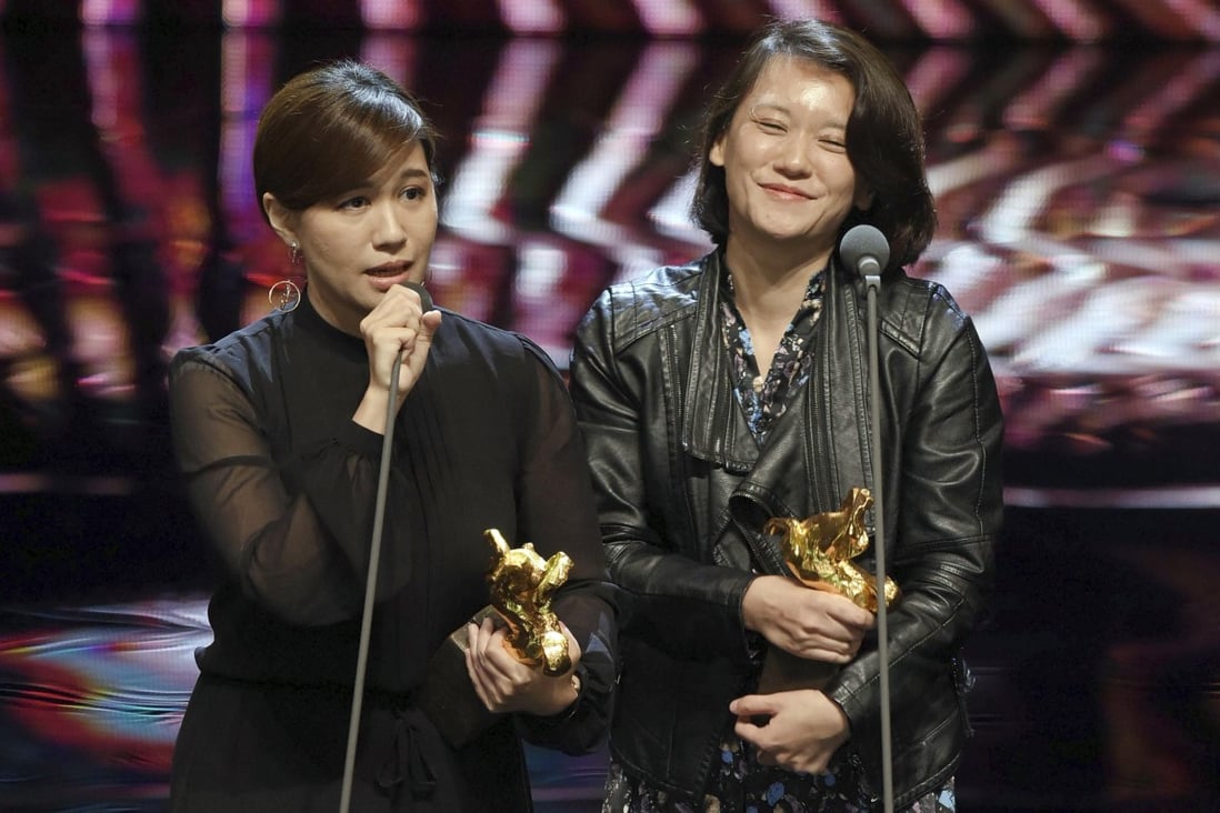 Taiwanese documentary director Fu Yue (left), with producer Hong Ting Yi, delivers her Golden Horse Awards acceptance speech last year, in which she voiced support for an independent Taiwan. The speech is the ostensible reason for China’s decision to boycott the awards. Hong Kong film producers will join the boycott. Photo: AP