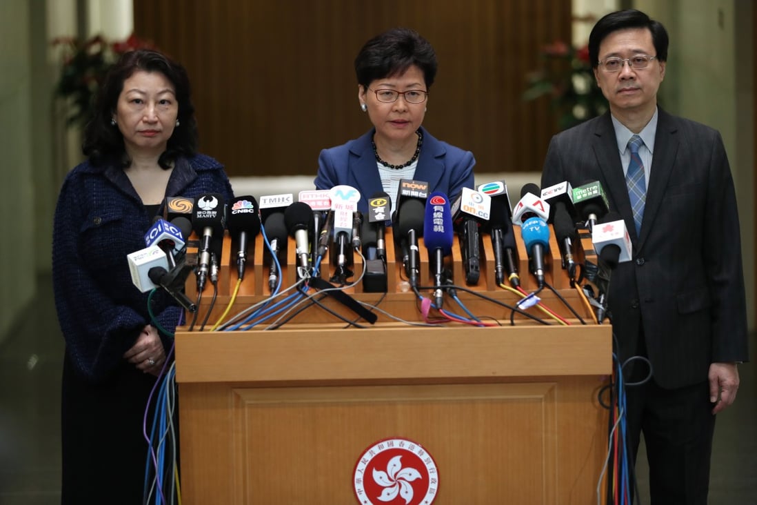 From left, Secretary for Justice Teresa Cheng Yeuk-wah, Chief Executive Carrie Lam Cheng Yuet-ngor, and Secretary for Security John Lee Ka-chiu at a June 10 press conference on the anti-extradition protests. Imagine if both secretaries had resigned to take responsibility for the fiasco before it got worse. Photo: Robert Ng