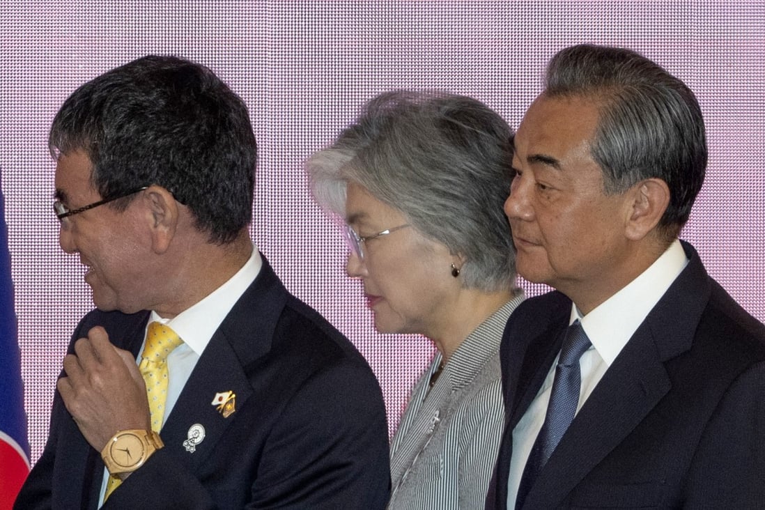 (From left) Foreign ministers Taro Kono, Kang Kyung-wha and Wang Yi attend the Asean meeting in Bangkok earlier this month. They will hold talks in Beijing from Tuesday to Thursday. Photo: AP