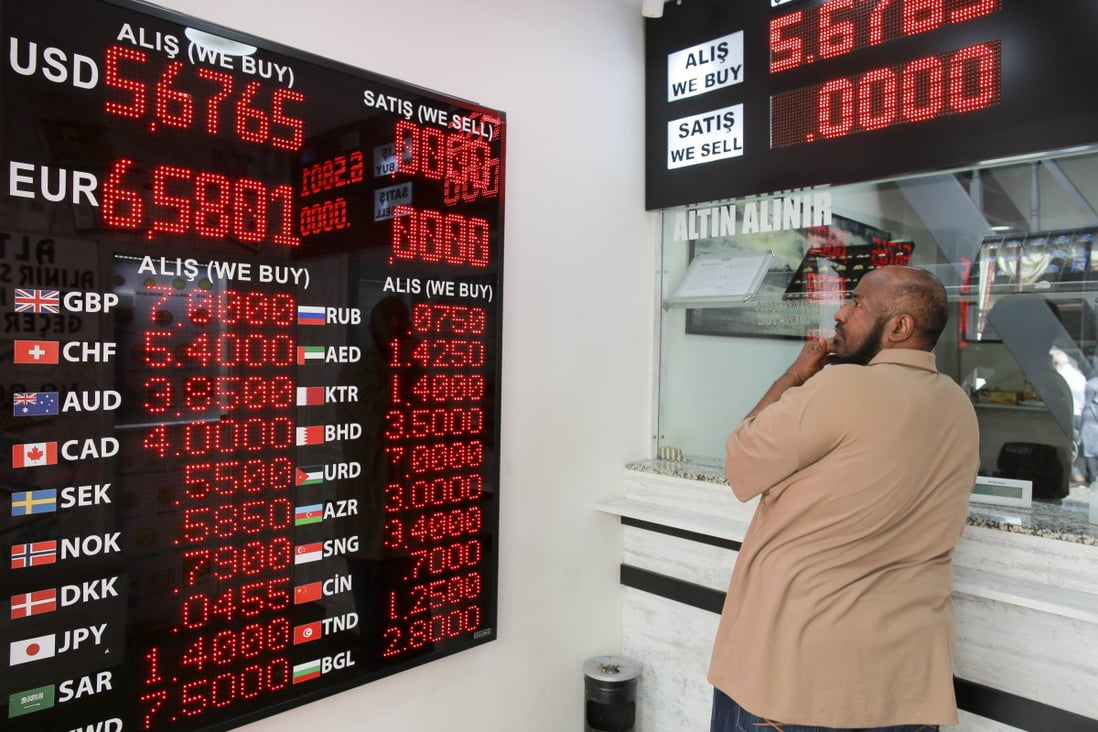A man checks rates at a currency exchange shop in Istanbul last year. The currency market is still feeling its way through the ripple effects of the trade war. Photo: AP