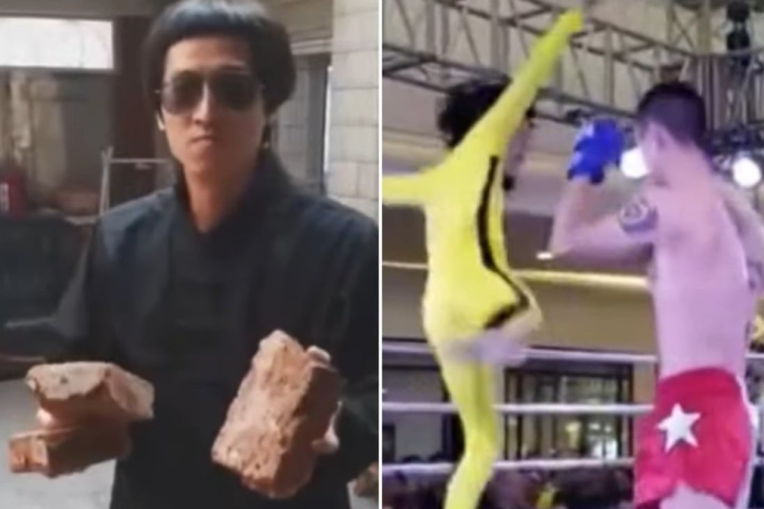 The ‘fake Bruce Lee’ Tan Long shows off the bricks he broke in training (left) before his bout against MMA fighter Xuan Wu. Photos: YouTube/Fight Commentary Breakdowns