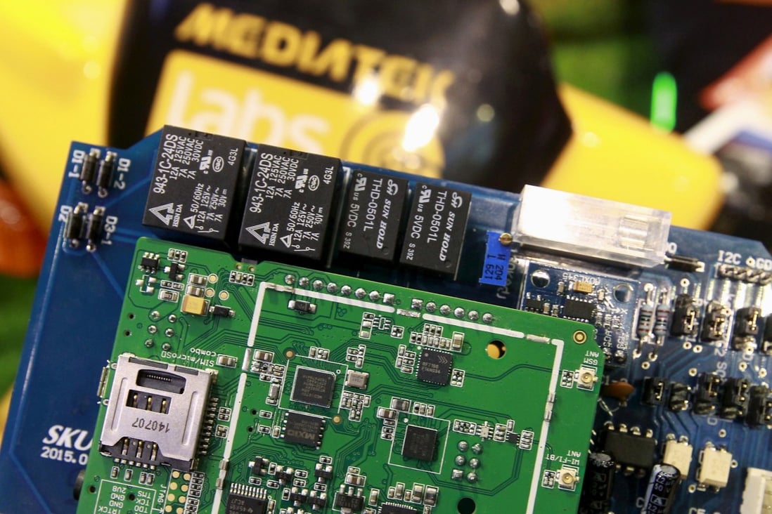 MediaTek chips are seen on a development board at a conference in Taipei. Photo: Reuters