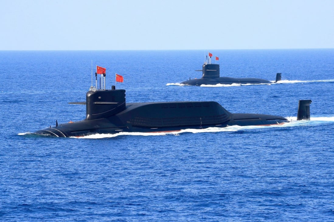 A PLA Navy nuclear-powered Type 094A Jin-class ballistic-missile submarine takes part in a military display in the South China Sea in April 2018. Photo: Reuters