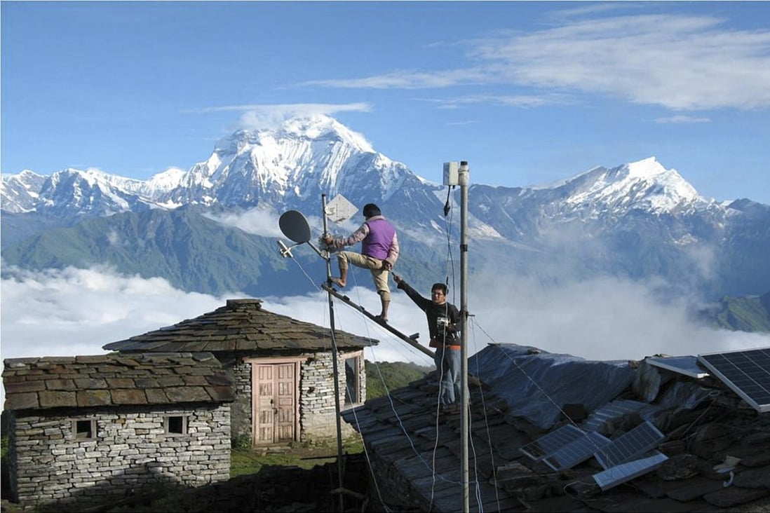 Since 2002, rural internet entrepreneur Mahabir Pun and his team have been bringing community networks to rural Nepal, connecting dozens of villages to Wi-fi. The crux of the project is this relay station high above the Budi Gandaki valley, close to the entrance to Tsum Valley. Photo: Retailnewsasia.com