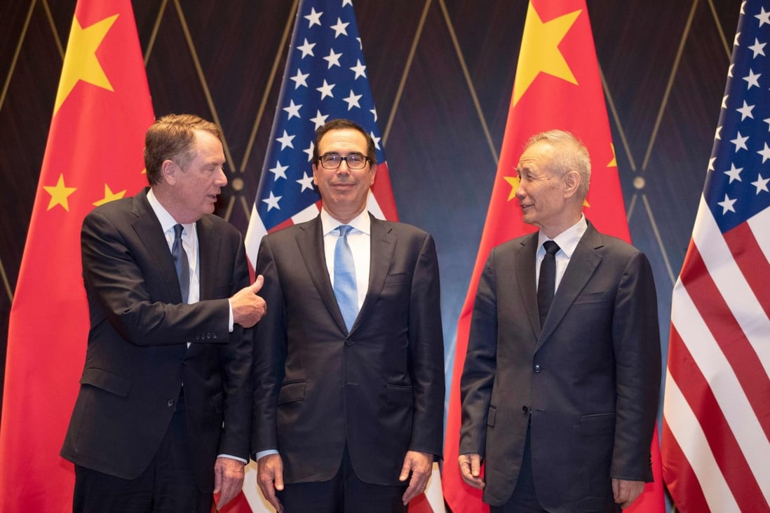 Donald Trump claimed China had contacted “our top people”, hinting at a follow-up to last month’s talks, in which the US’ Robert Lighthizer (left) and Steven Mnuchin (centre) met China’s Liu He (right). Photo: AFP