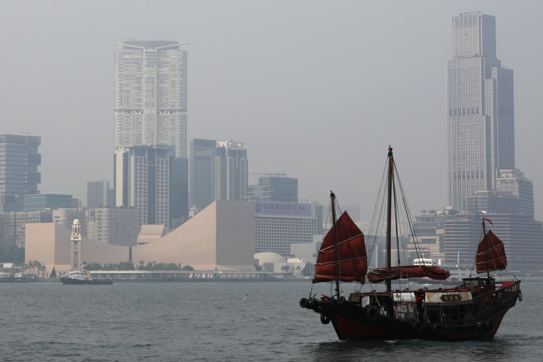 A traditional boat with red sails floats on the water in front of a city skyline experiencing the effects of Tropical Storm Podul in Hong Kong.
