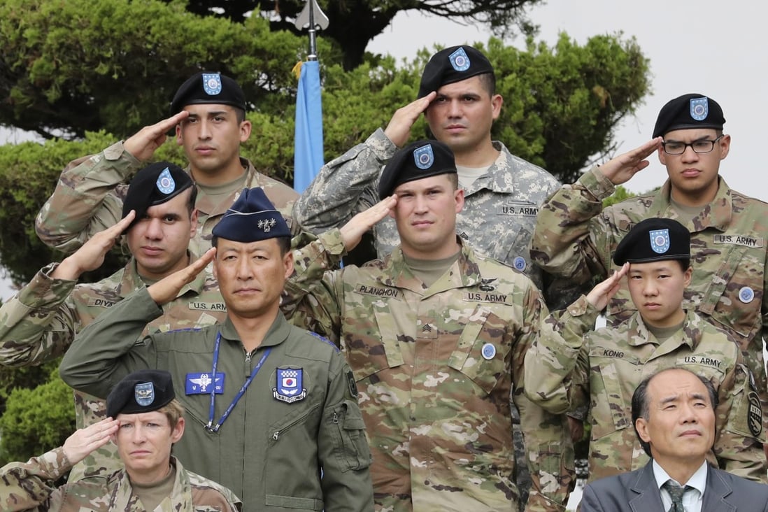 US and South Korean soldiers at a ceremony on an American base near Seoul. Photo: AP
