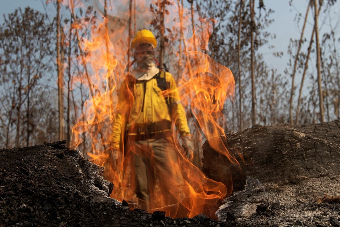A firefighter extinguishes a fire in a forest near Porto Velho, Brazil. The Brazil Amazon region has suffered its worst fires in years. Photo: EPA