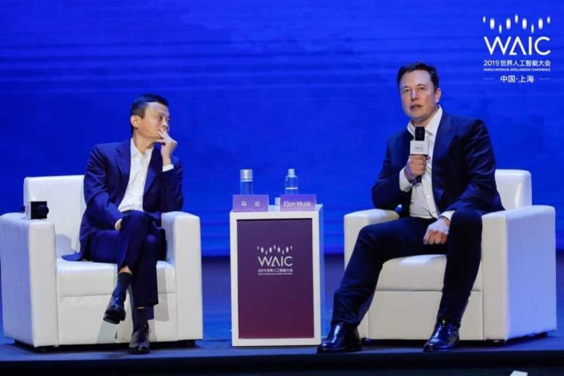 Elon Musk and Jack Ma face off over AI at the 2019 Shanghai WAIC. Photo: SCMP