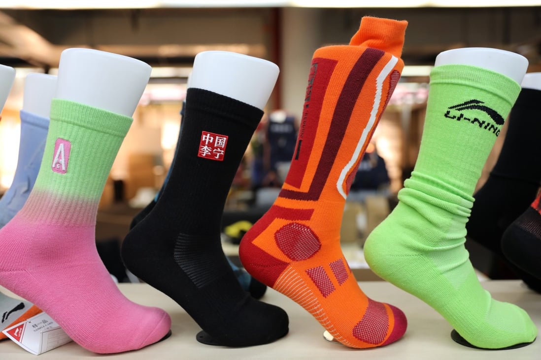 Li Ning socks are displayed at the company’s headquarters in Beijing. Photo: Simon Song
