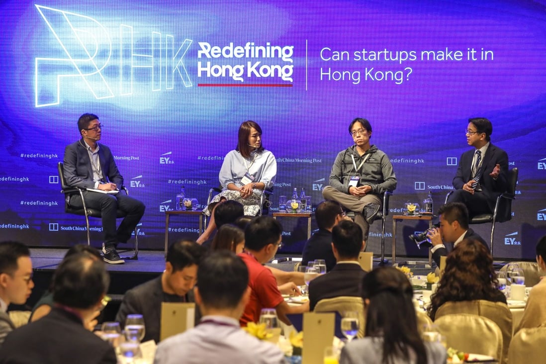 South China Morning Post Technology editor Chua Kong Ho Post (left) moderates a panel with Norma Chu of DayDayCook (second from left), Yat Siu of Animoca Brands and Outblaze, and legislator Charles Mok at the latest edition of the Post’s Redefining Hong Kong series held on Thursday at the JW Marriott Hotel in Admiralty. Photo: K Y Cheng