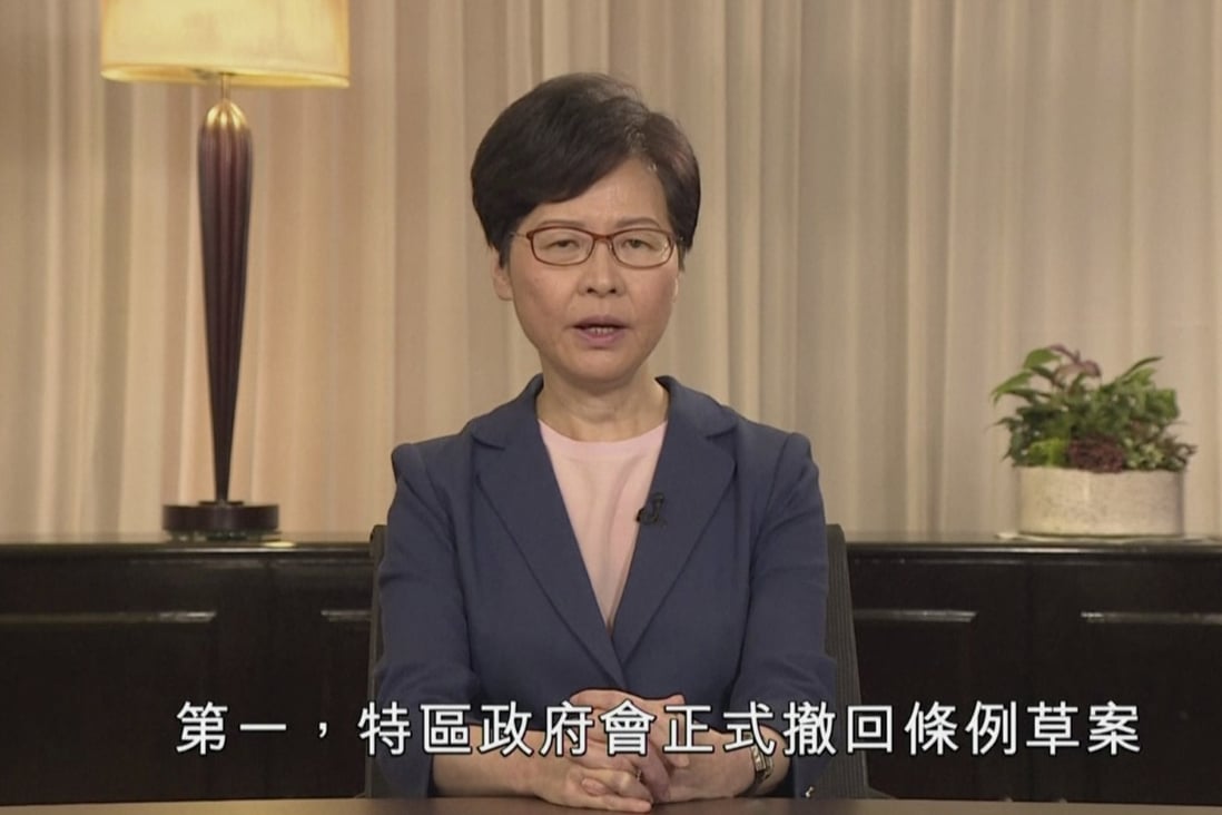 Carrie Lam speaks in the television message on Wednesday announcing that the government will formally withdraw an extradition bill and set up an IPCC inquiry into police actions during the protests. Photo: AP