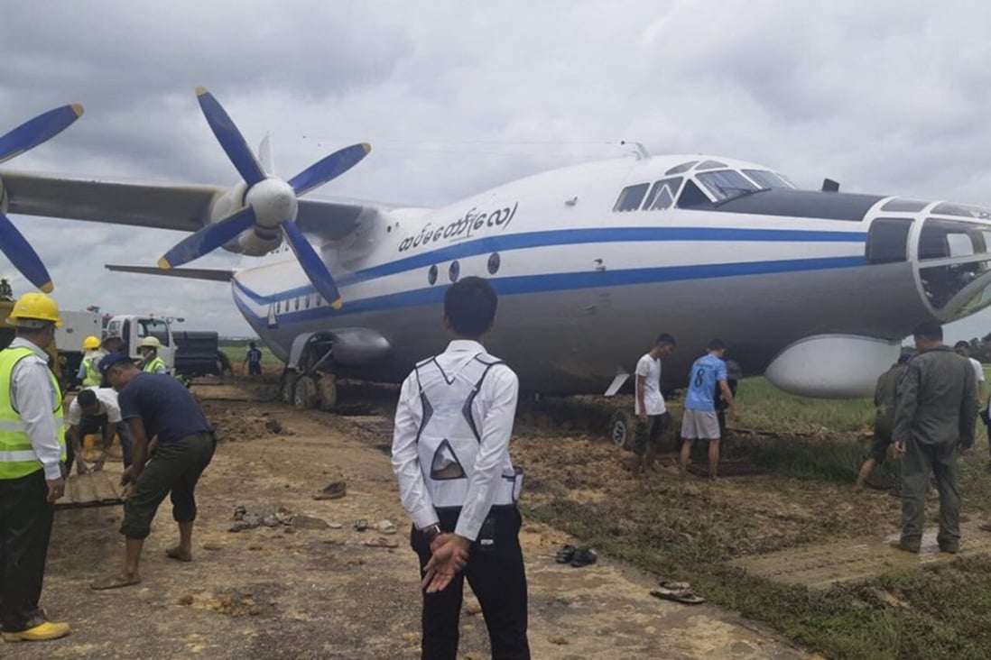 A Myanmar military transport aircraft skidded off the runway at Yangon International Airport on Thursday. Photo: Myanmar Department of Civil Aviation via EPA-EFE