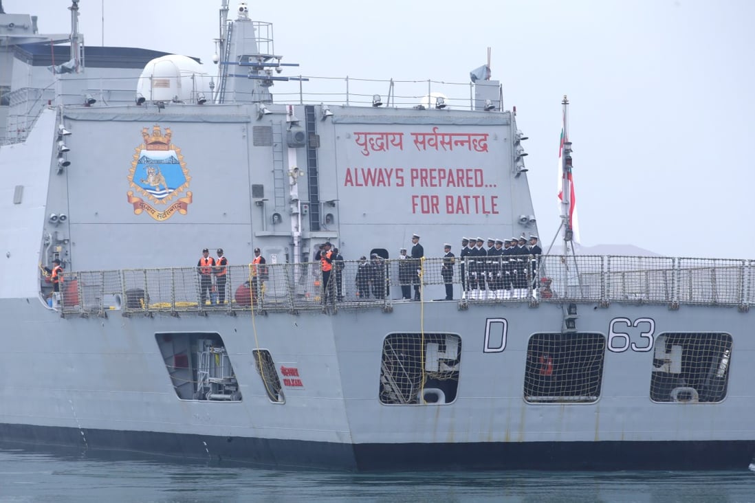 The Indian Navy commissioned warship INS Kolkata arrives at Qingdao Port for the 70th anniversary celebrations of the founding of the Chinese People’s Liberation Army Navy on April 21. Photo: Reuters