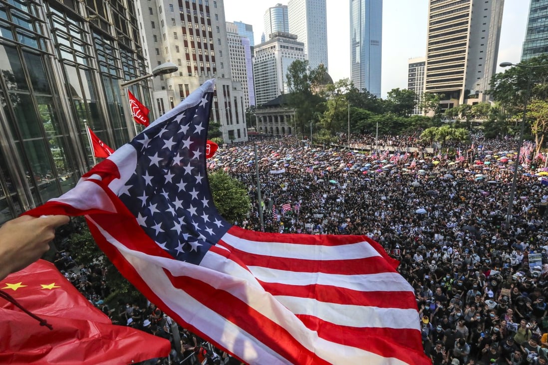 A rally in Hong Kong on Sunday urged the US Congress to pass the Hong Kong human rights bill. Photo: Felix Wong