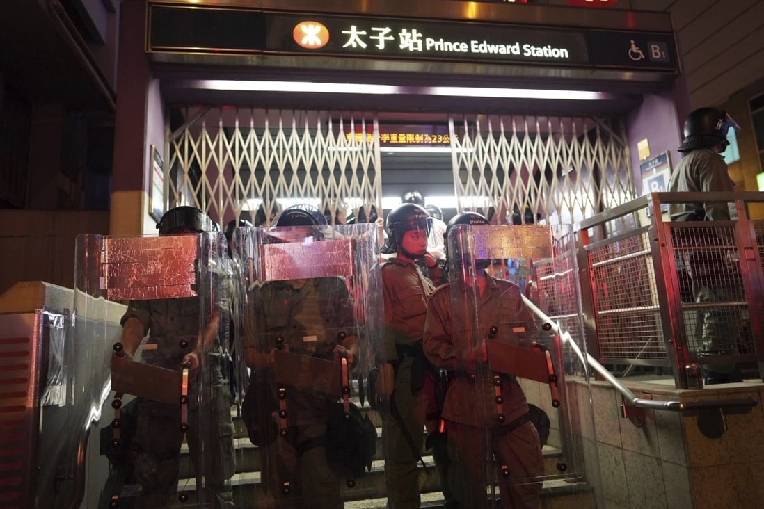 Police lock down Prince Edward MTR Station on August 31 after a clash with protesters that sparked online rumours that three people had died. Photo: AP