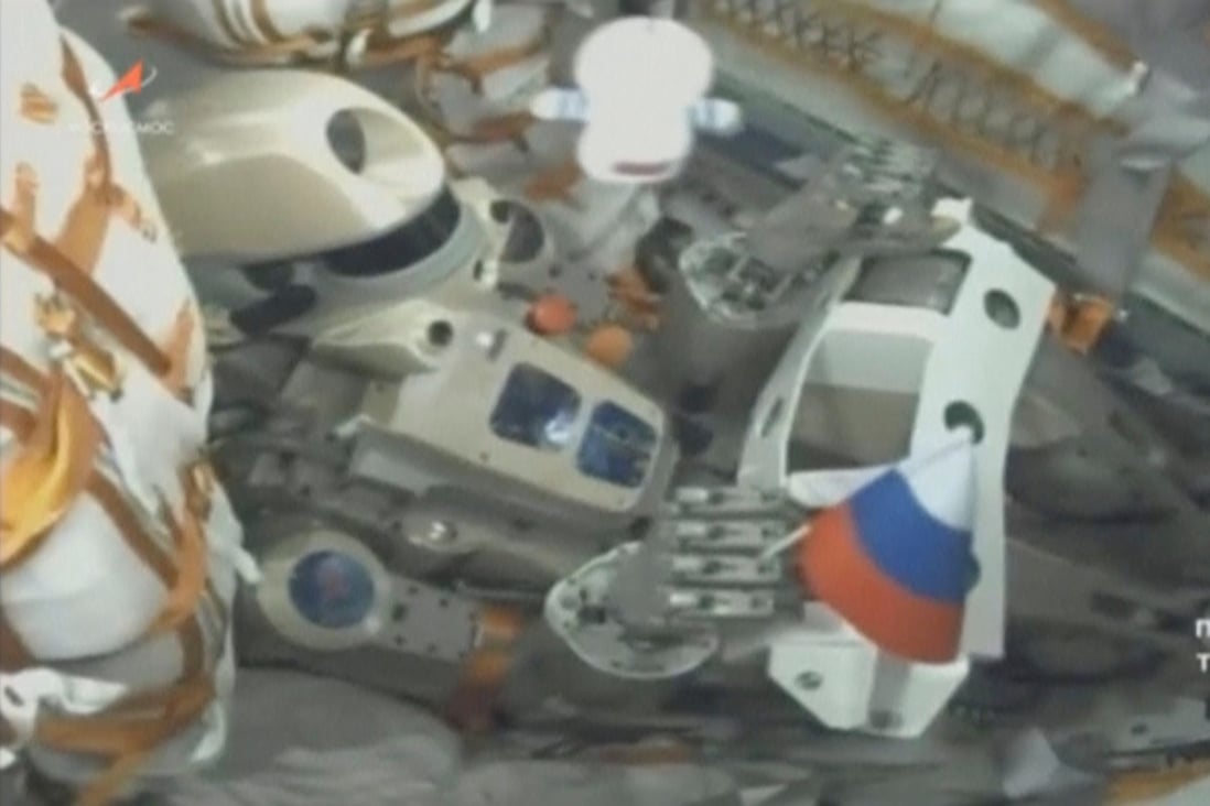Russia’s Fedor robot inside the Russian Soyuz MS-14 spacecraft. Photo: Reuters
