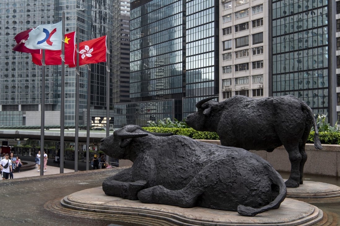 Bronze sculptures of bulls, the symbol of the Hong Kong Stock Exchange, at the Exchange Square in Central on 30 May 2019. Photo: Warton Li