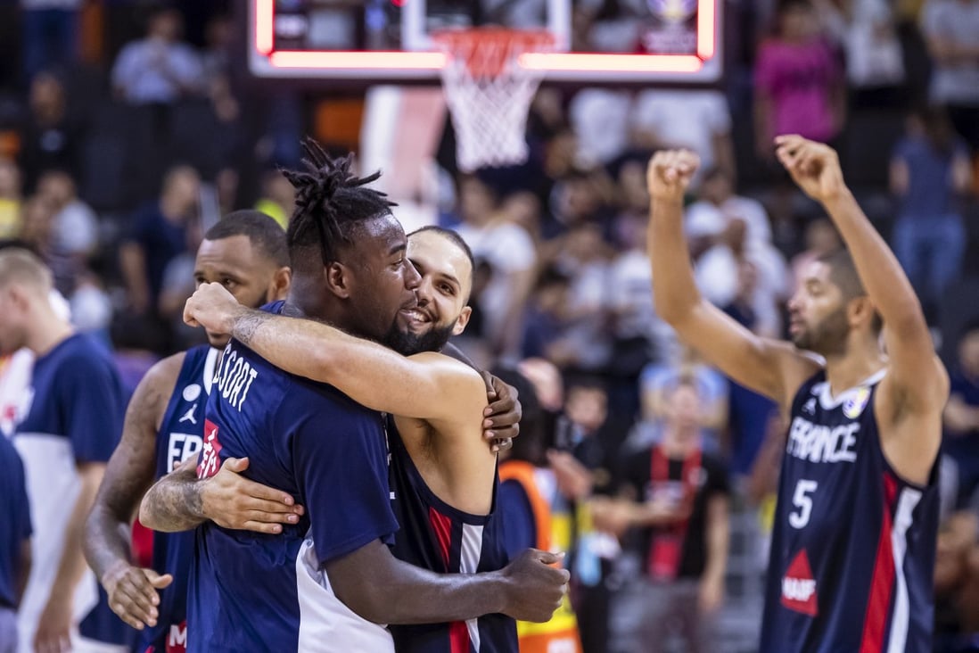 French players celebrate defeating the US in their Fiba Basketball World Cup quarter-final clash. Photo: EPA