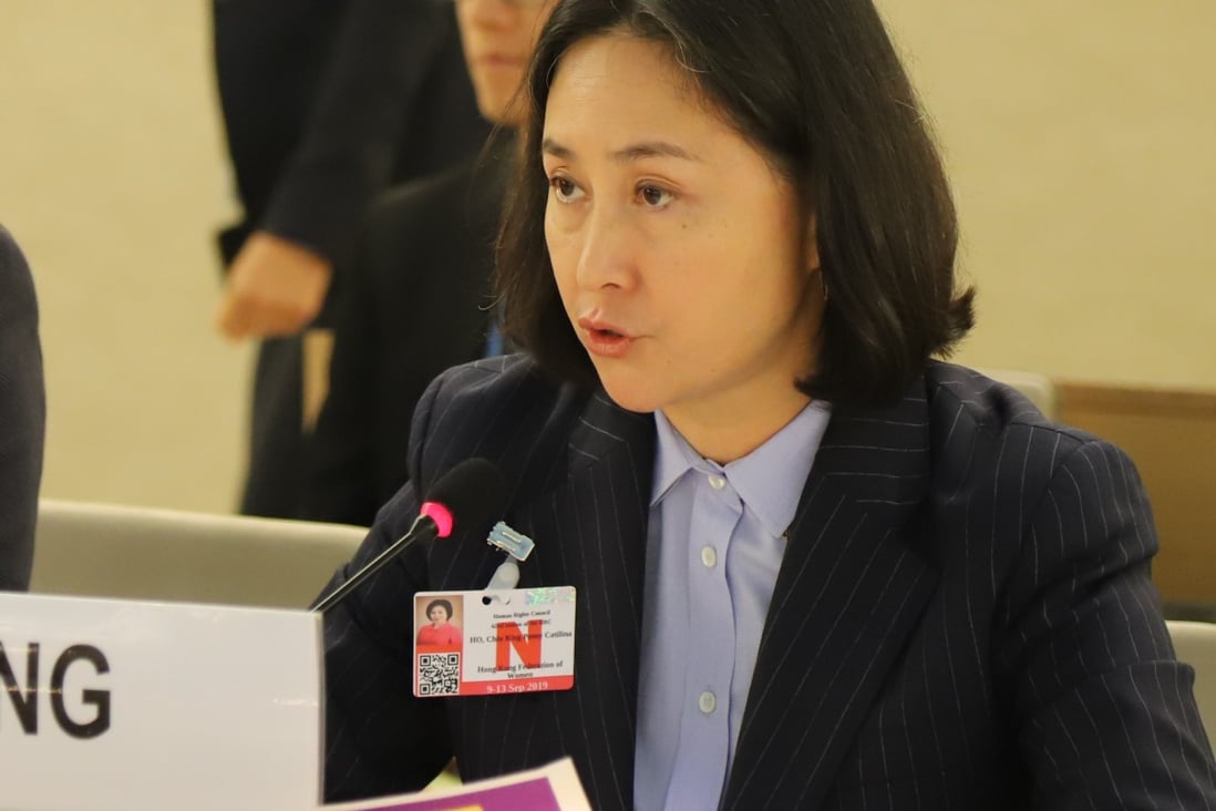 Pansy Ho Chiu-king, chairwoman of the Hong Kong Federation of Women, addresses the UN Human Rights Council in Geneva, Switzerland, on Wednesday. Photo: Xinhua