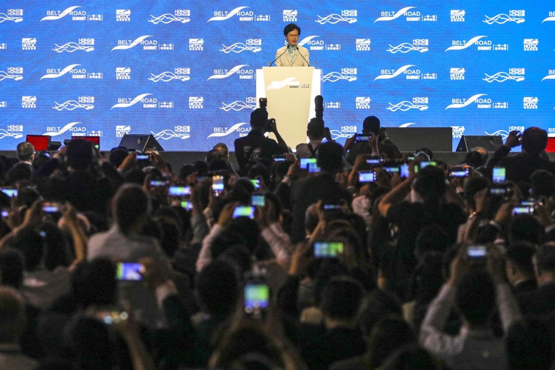 Hong Kong Chief Executive Carrie Lam Cheng Yuet-ngor addresses the Belt and Road Summit at the Hong Kong Convention and Exhibition Centre in Wan Chai on Wednesday. Photo: May Tse