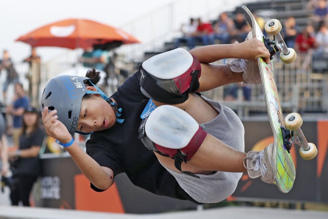 Japanese skateboarder Misugu Okamoto practices in Sao Paolo, Brazil. Photo: Kyodo