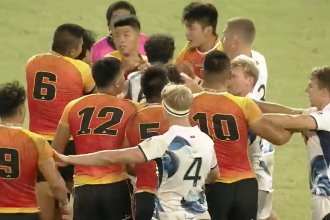 China and Hong Kong players square up. Photos: Facebook/Hong Kong Rugby Union