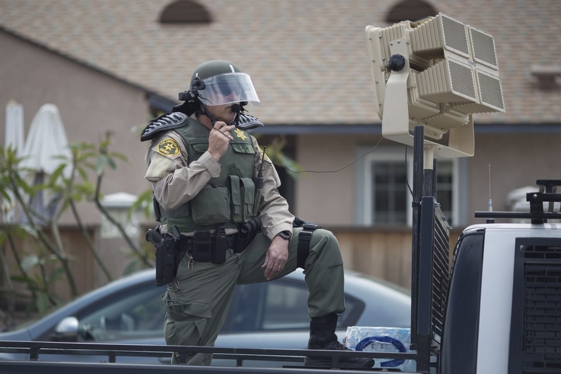A Los Angeles police officer stands by a sound cannon at a demonstration in Anaheim – Chinese scientists say they have taken the technology to a new level. Photo: AFP