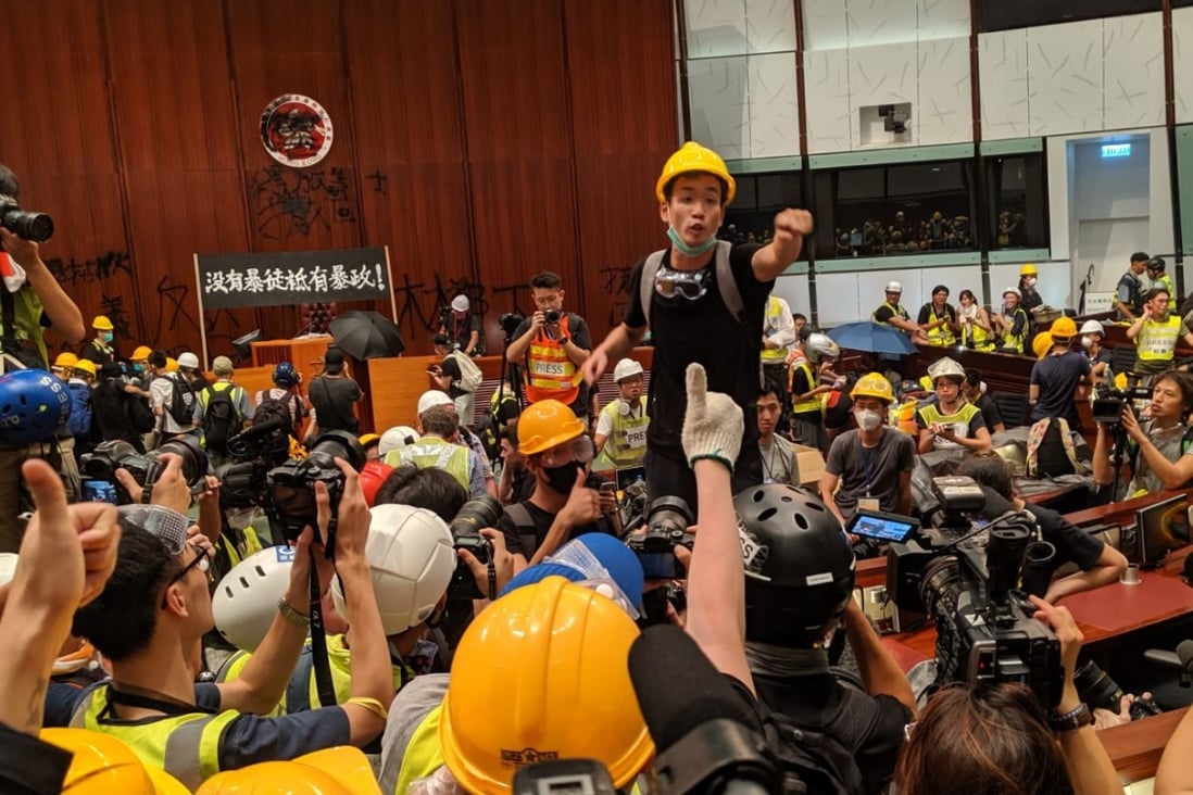 Brian Leung after removing his mask during the storming of Legco on July 1. Photo: Sum Lok-kei