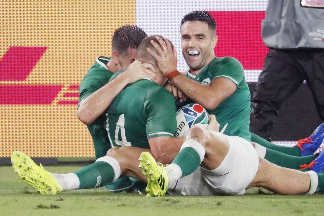 Ireland players celebrate after Andrew Conway (centre) scored a try during the win against Scotland in Yokohama. Photo: Kyodo
