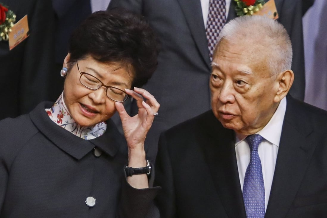 Carrie Lam with former chief executive Tung Chee-hwa, who warned the protests had pushed the city to the brink. Photo: Sam Tsang